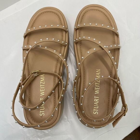 Stuart Weitzman Summerlift Sandals faux pearl embellished leather platforms Boho - Picture 10 of 13